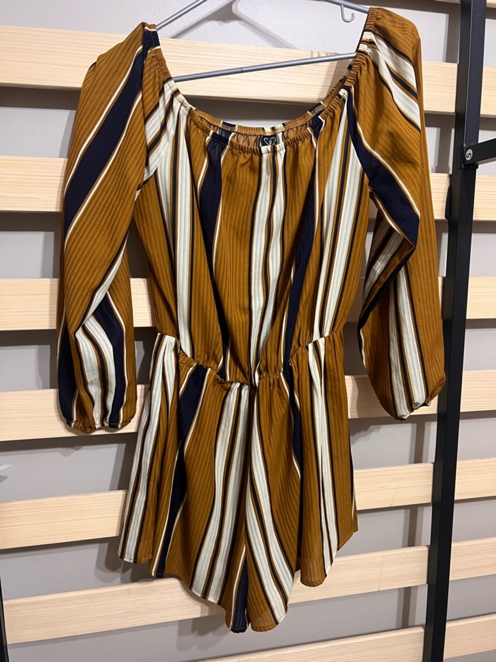 Windsor Mustard Stripe Off‑Shoulder Romper